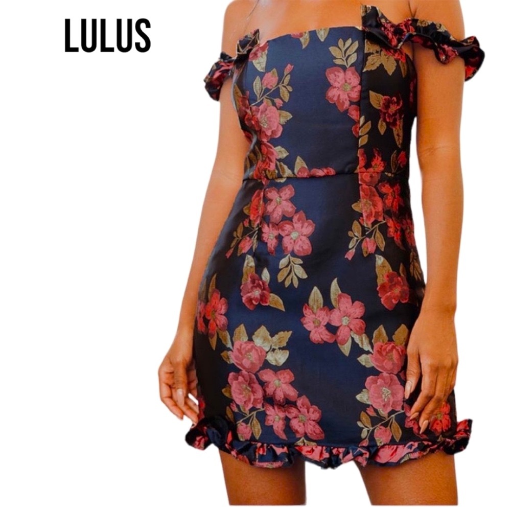 Lulu's Navy and Pink Off the Shoulder Floral Dress Ruffled NWT - Picture 4 of 14